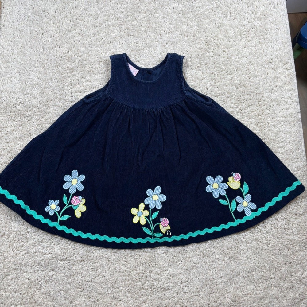 Vintage Samara Girls Navy Corduroy Floral Ladybug Embroidered‎ Jumper Dress 4T